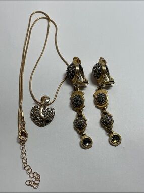 Gold-Tone Crystal Heart Necklace and Drop Clip on Earrings Set